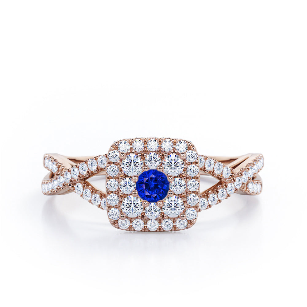 Pave Crossover - 1.25 Carat Round Cut Blue Sapphire and diamond - Flush Cluster Halo Engagement Ring in White Gold