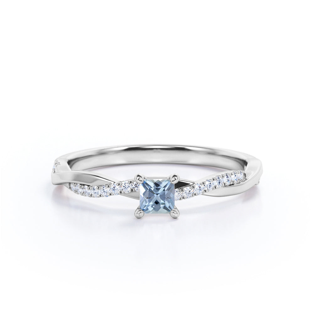 Twisted 1.10 Carat Princess Cut Aquamarine And Diamond Infinity Engagement Ring In White Gold