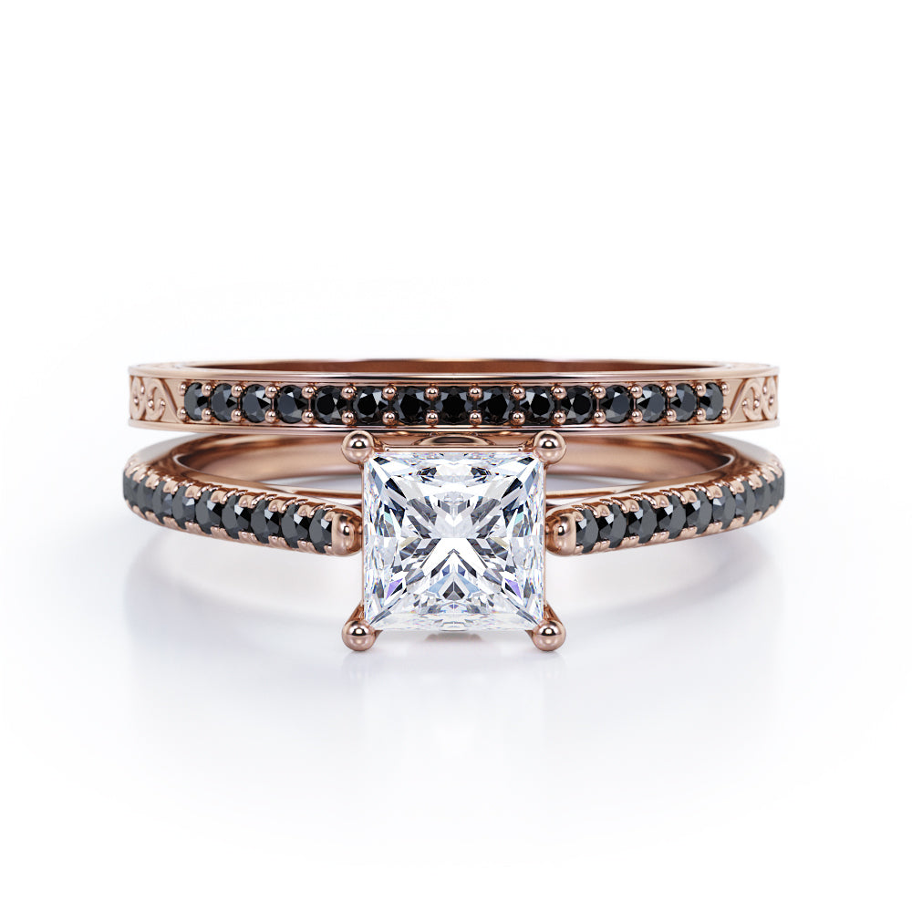 Art Deco Prong 1.5 TCW Princess Cut Moissanite with Lab Created Black Diamond Bridal Set with Pave Accents in Rose Gold