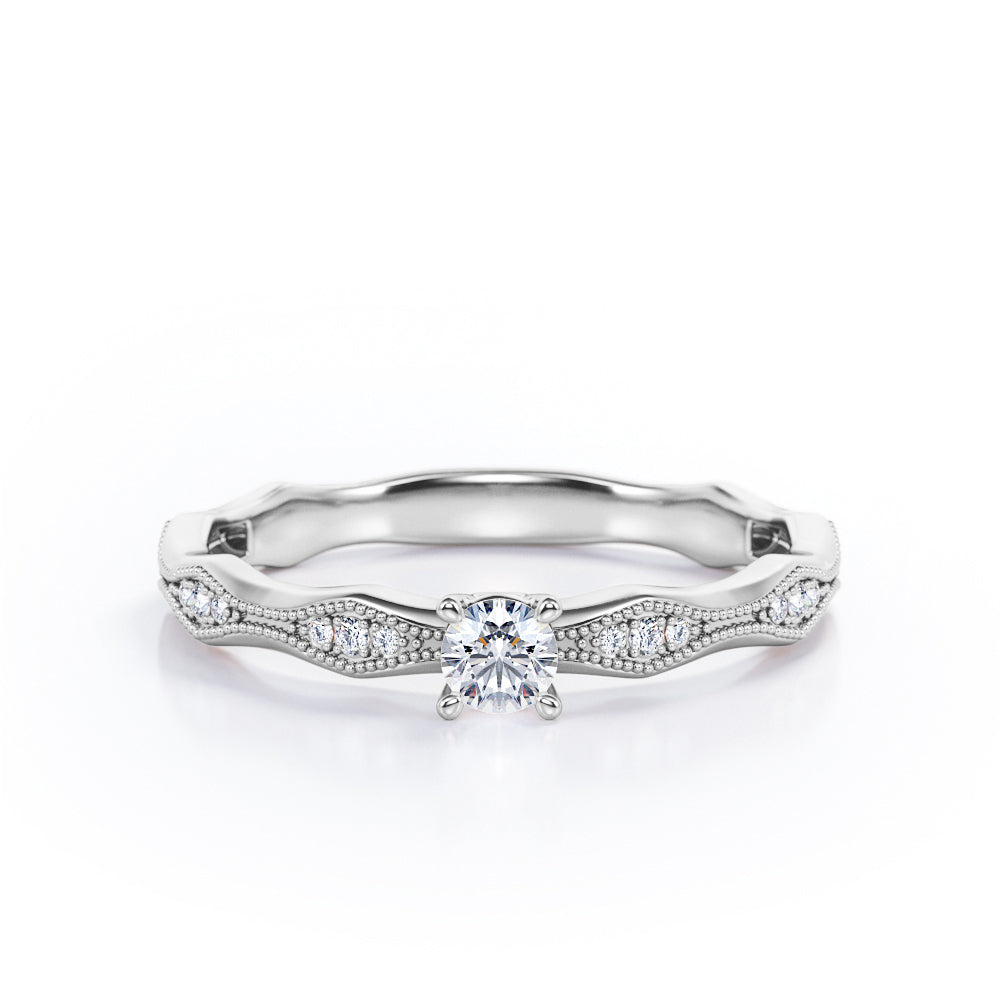 Wiggle Shank 0.35 TCW Round Shaped Diamond Milgrain Prong Engagement Ring in White Gold