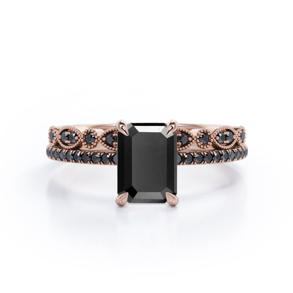 Milgrain Filigree - 1.55 TCW Emerald Cut Lab Created Black Diamond - Pave Accented Bridal Ring Set in White Gold