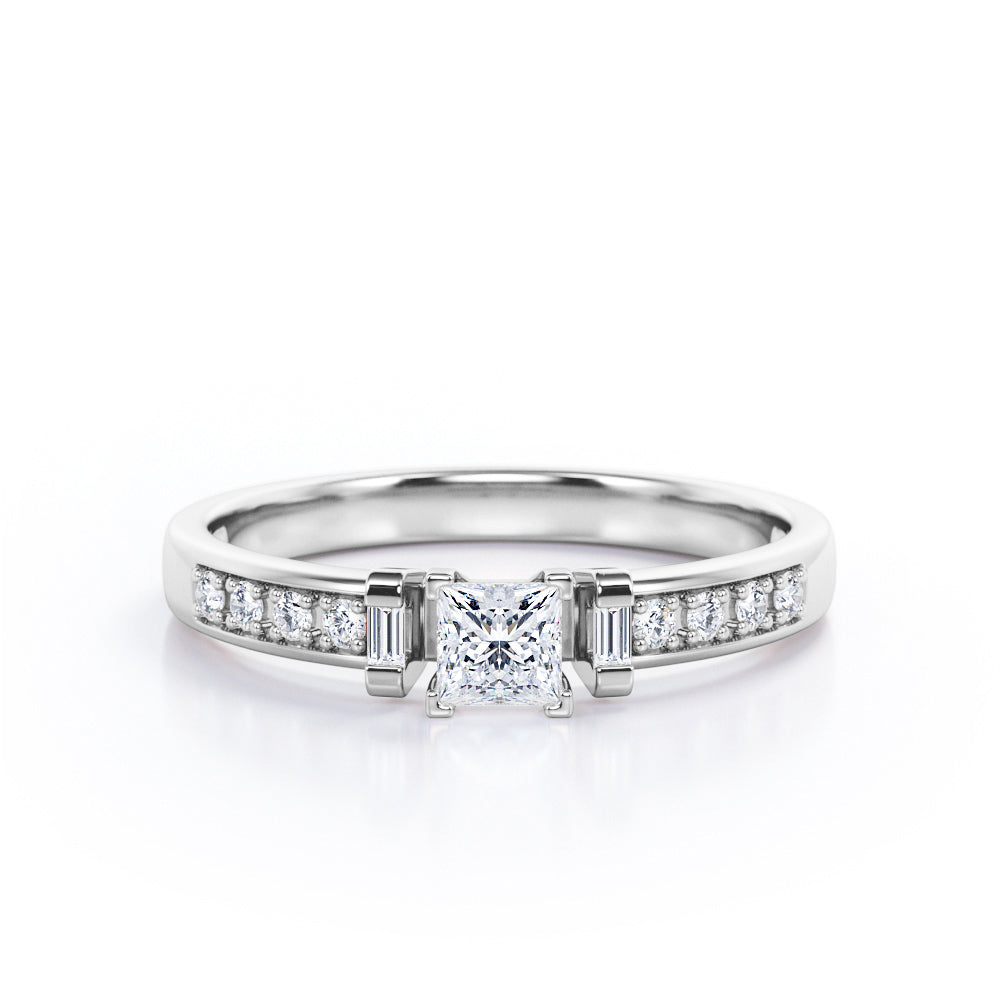 V-Prong 3 Stone 0.35 TCW Princess Cut Diamond Pave-Channel Engagement Ring in White Gold