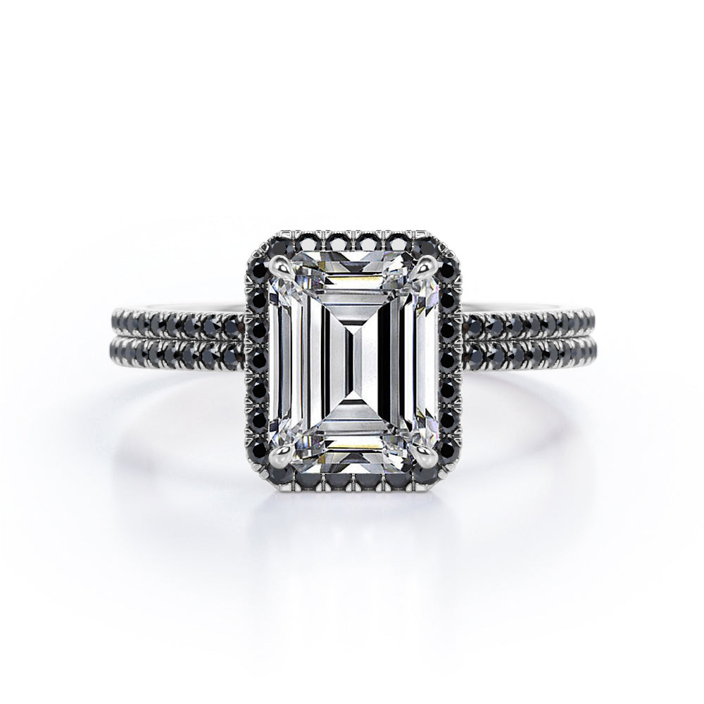 Pave Style - 1.75 TCW Emerald Cut Moissanite with Lab Created Black Diamond - Halo Setting Wedding Ring Set in Black Gold