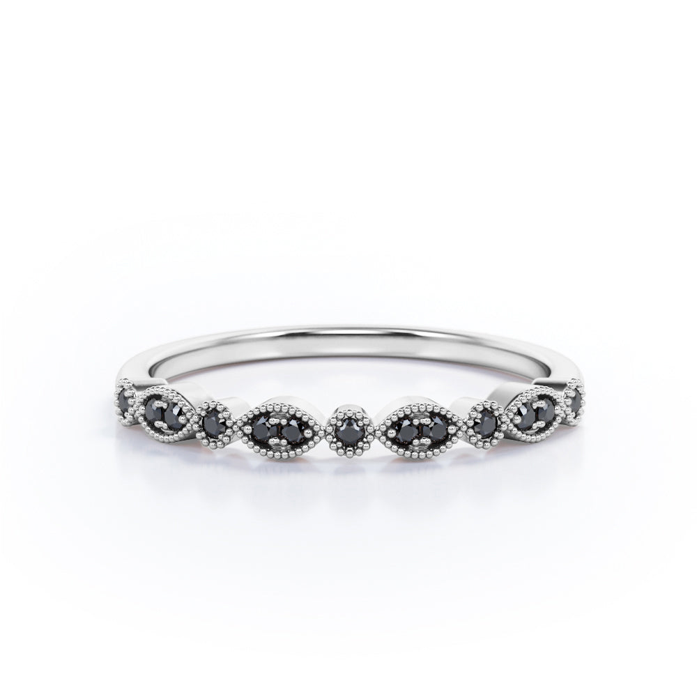 Art Deco - 0.15 TCW Round Shape Lab Created Black Diamond - Milgrain Filigree Wedding Band - 10K White Gold