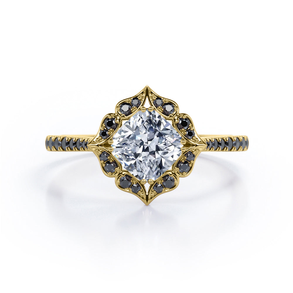 Vintage Filigree Cluster 1.5 TCW Cushion Cut Moissanite with Lab Created Black Diamond Engagement Ring with Pave Accents in Yellow Gold