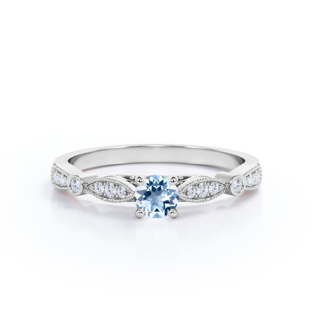 Minimalist 1.10 Carat Round Cut Aquamarine And Diamond Vintage Engagement Ring In White Gold