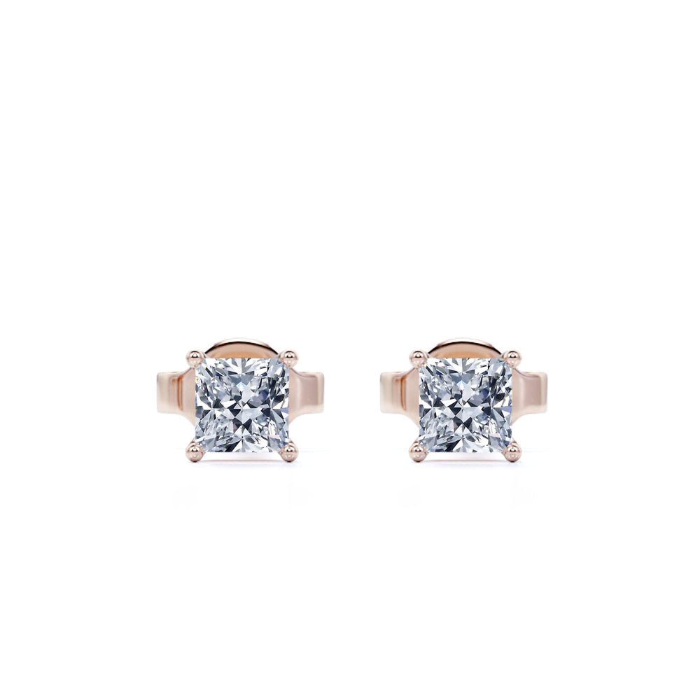 4 Prong - 0.38 Carat Princess Cut Diamond - Solitaire Stud Earrings - 18K Rose Gold Plating Over Silver