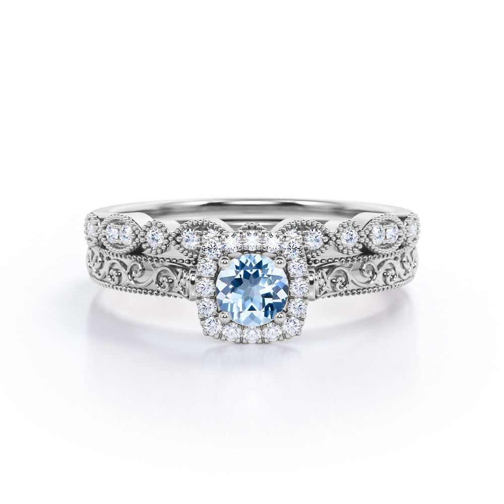 Vintage 1.15 Carat Round Cut Aquamarine And Diamond Halo Wedding Ring Set In White Gold.