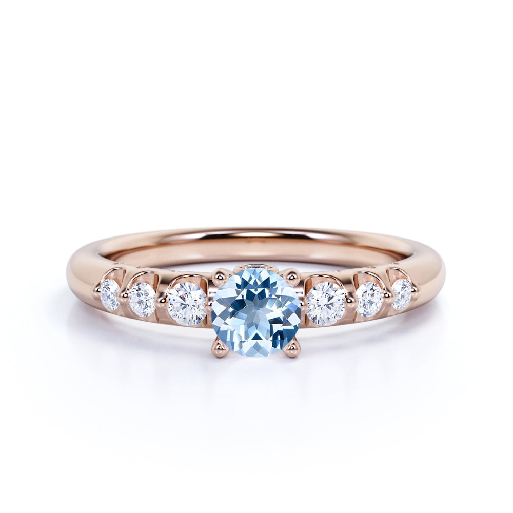 1 carat Round Dark Blue Created Aquamarine 7 Stone Antique Engagement Ring in 18k Rose Gold over Silver