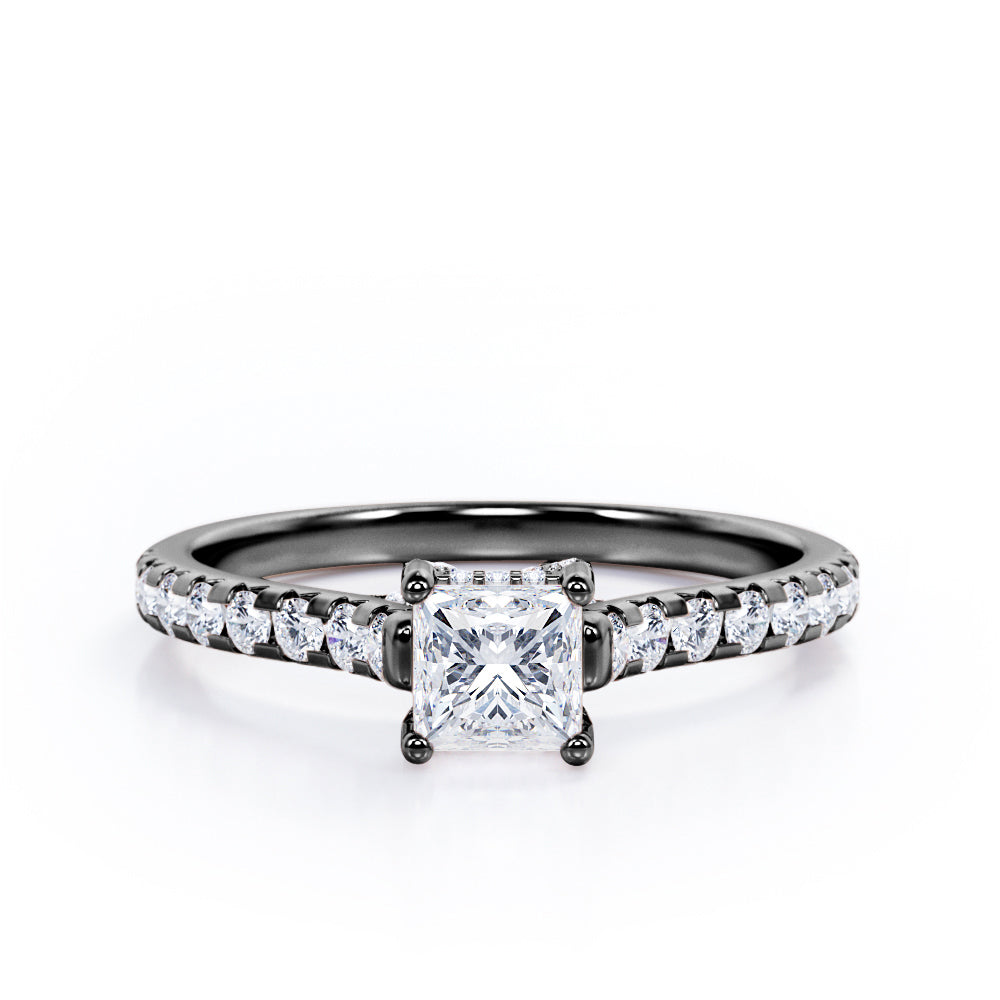 Pave-Cathedral Prong - 0.50 TCW Princess Cut Diamond - Scalloped Pave Engagement Ring - 10K Black Gold