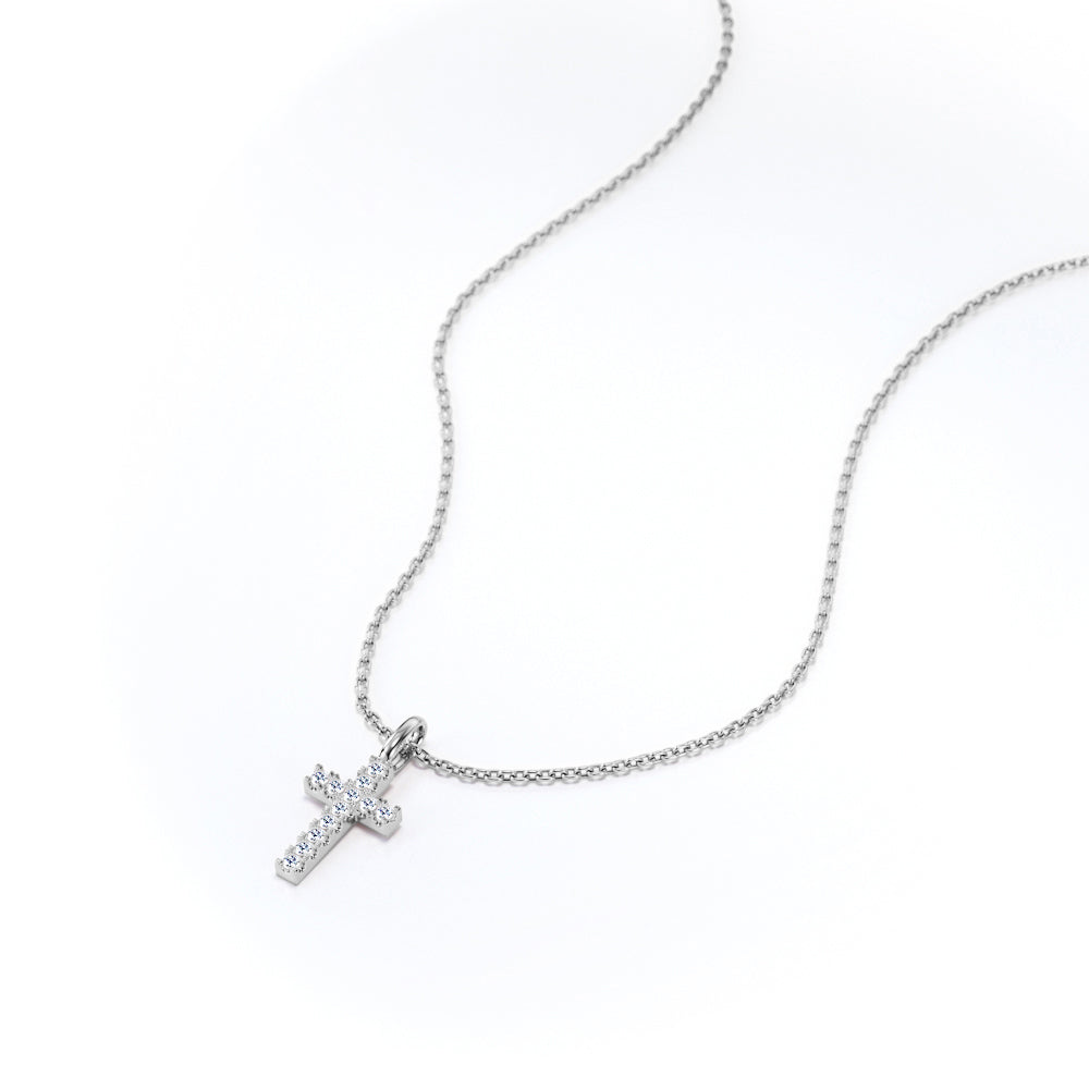 Minimalist 0.15 TCW Round Shaped Moissanite Crucifix Pendant Necklace with Pave Accents in 18K White Gold Plating over Silver