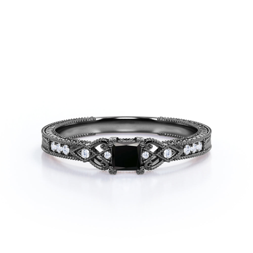 1.1 Carat Princess Cut Lab Grown Black Diamond Vintage Milgrain Engagement Ring In White Gold