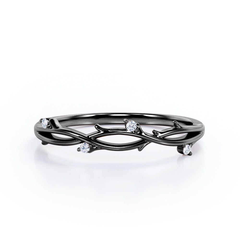 Nature Inspired - 0.10 TCW Round Cut Moissanite- Crossover Twig Stackable Ring - White Gold