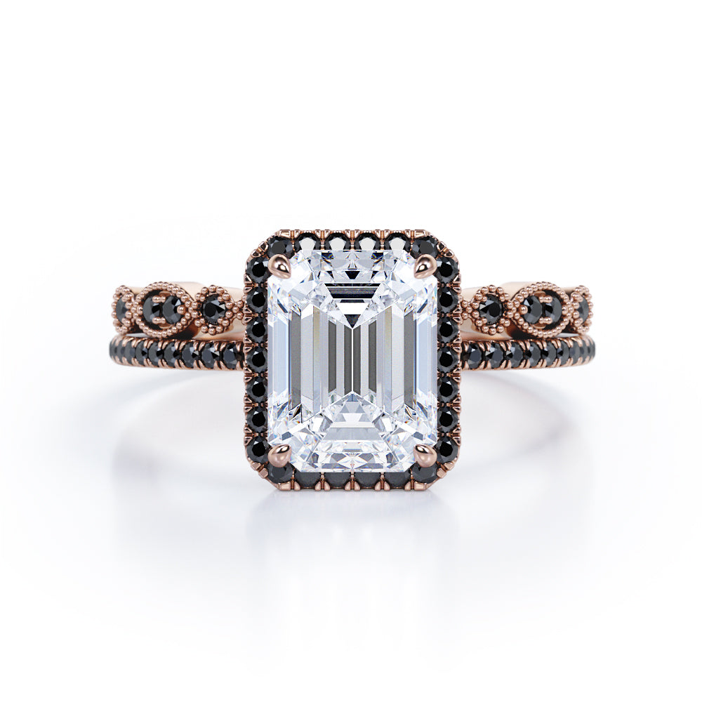 Art Deco Filigree Milgrain 1.65 TCW Emerald Cut Moissanite with Lab Created Black Diamond Halo-Style Wedding Set in Rose Gold