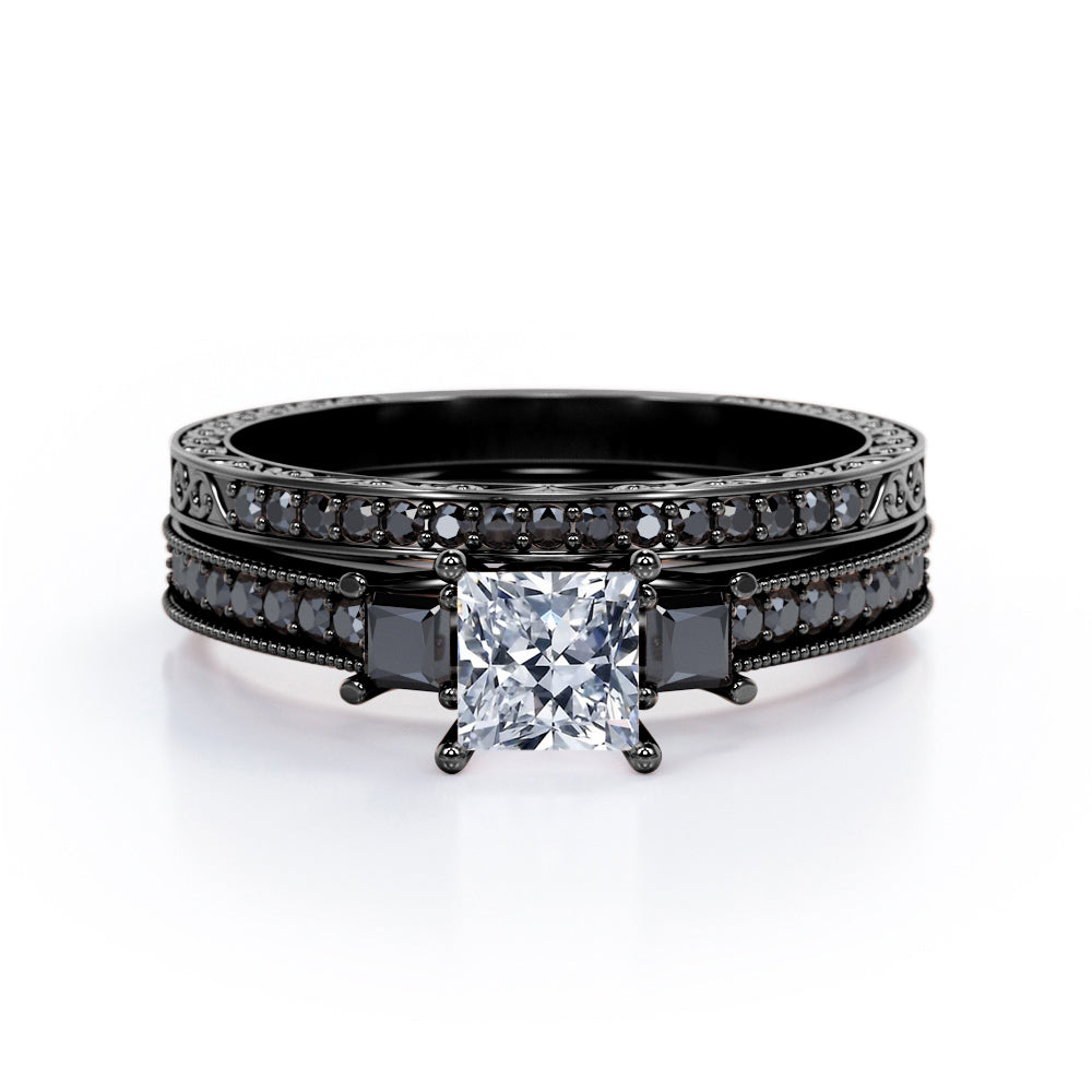 Art Deco 3-Stone 1.65 TCW Princess Cut Moissanite with Lab Created Black Diamond Cathedral Pave-Channel Wedding Ring Set in Rose Gold