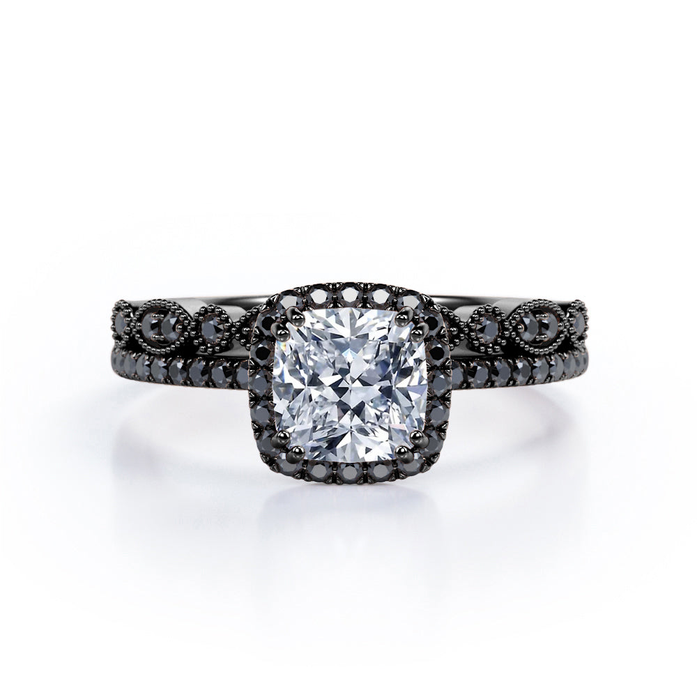 Pave-Accented Halo 1.6 TCW Cushion Cut Moissanite with Lab Created Black Diamond Milgrain Filigree Wedding Ring Set in Rose Gold