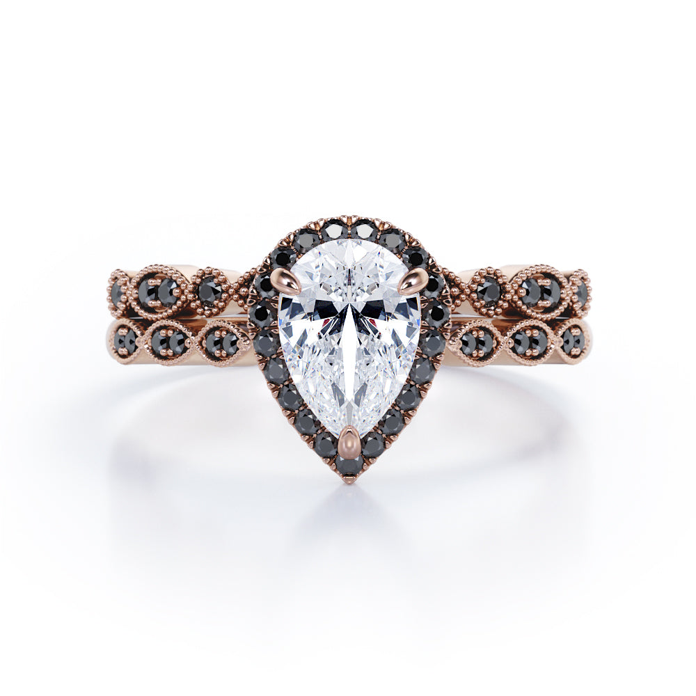 Vintage Style - 1.65 TCW Teardrop Moissanite with Lab Created Black Diamond - Milgrain Halo Bridal Set in Rose Gold