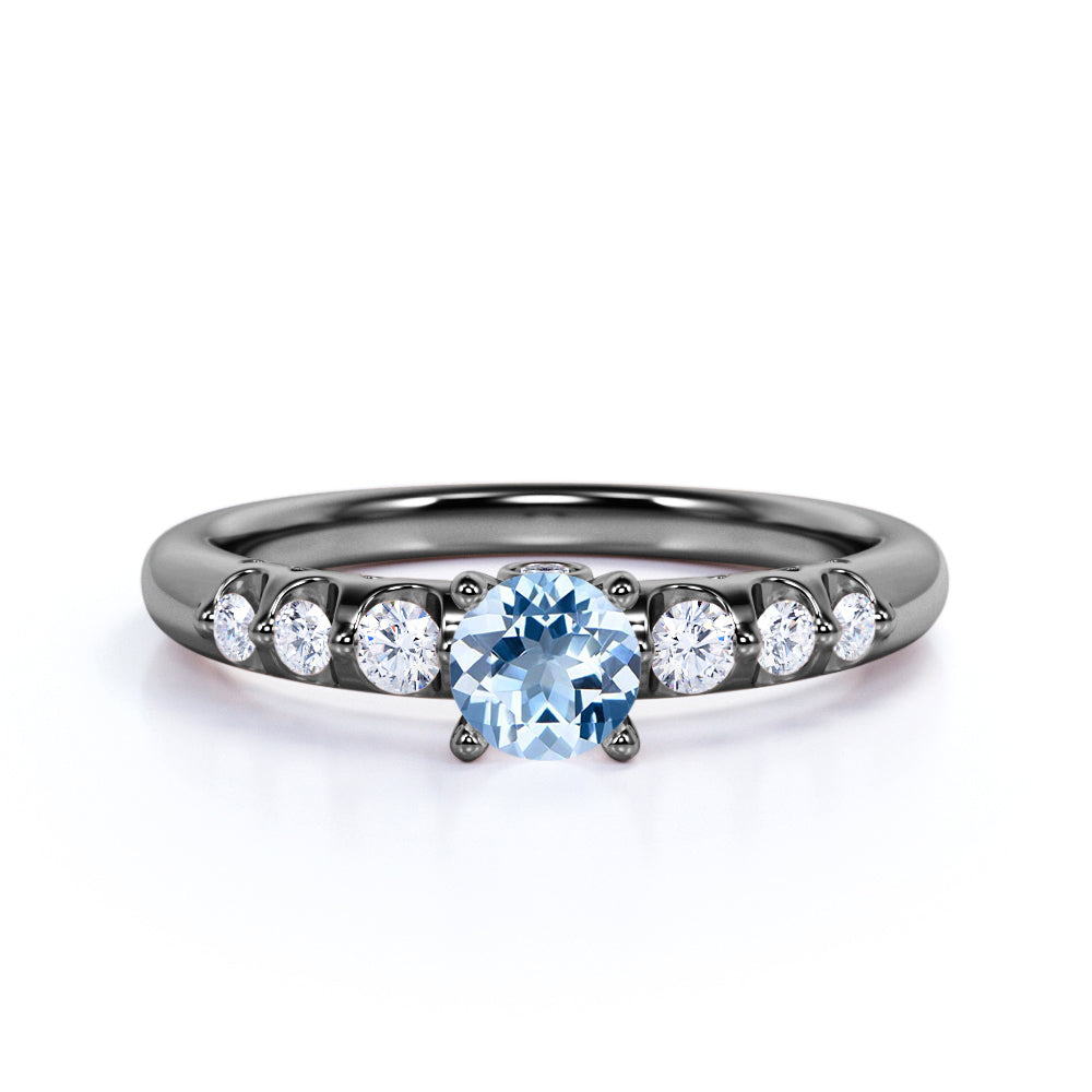 1 carat Round Dark Blue Created Aquamarine 7 Stone Antique Engagement Ring in 18k Rose Gold over Silver