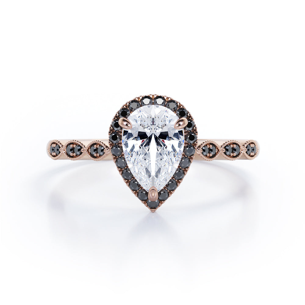 Art-Deco Filigree Milgrain 1.4 TCW Pear Cut Moissanite with Lab Created Black Diamond Halo Design Engagement Ring in Yellow Gold