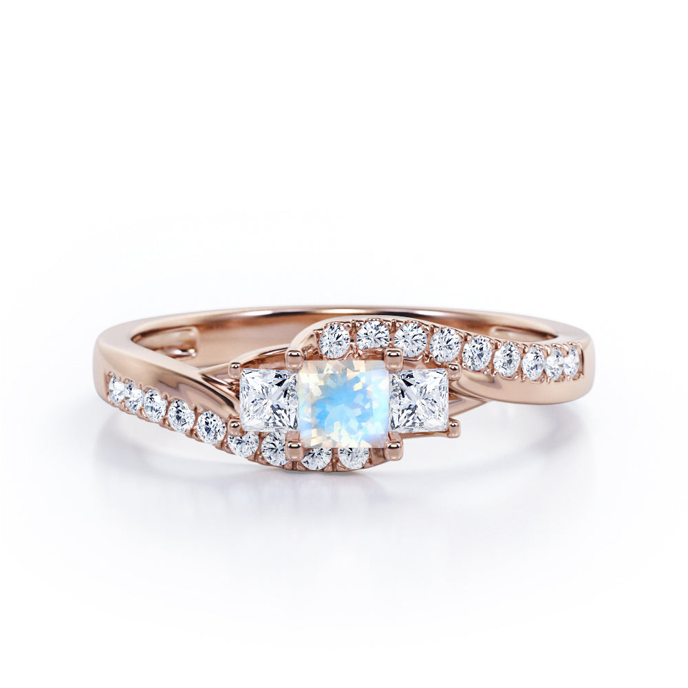 Trellis Three Stones 1 carat Princess Moonstone and Moissanites Braided Engagement Ring in Rose Gold