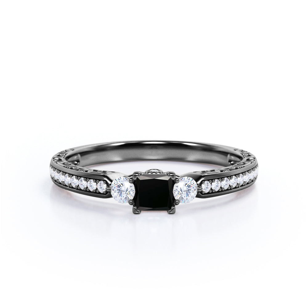 1.35 Carat Princess Cut Lab Grown Black Diamond 3 Stone Vintage Engagement Ring In White Gold