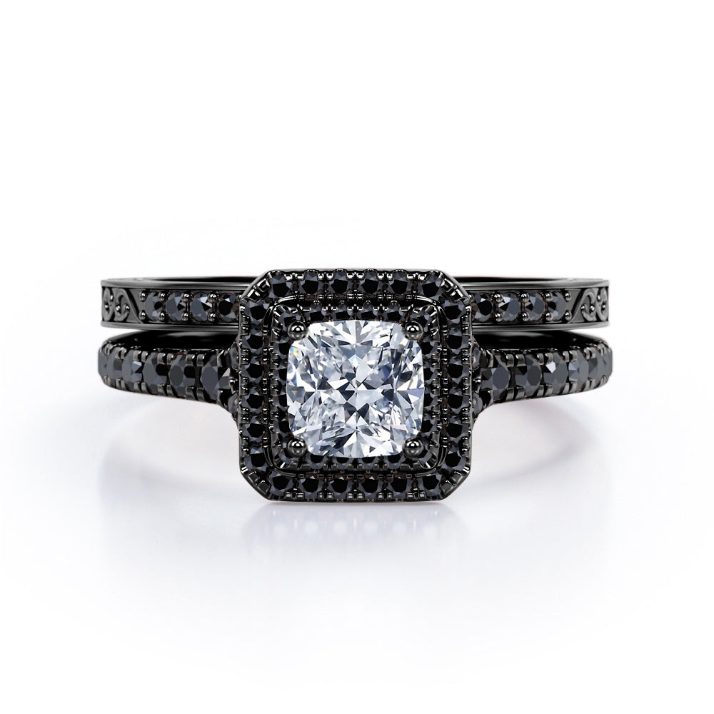 Art-Deco Pave Accented 0.65 TCW Princess Cut Diamond with Lab Created Black Diamond Double Halo Bridal Ring Set in 10K White Gold