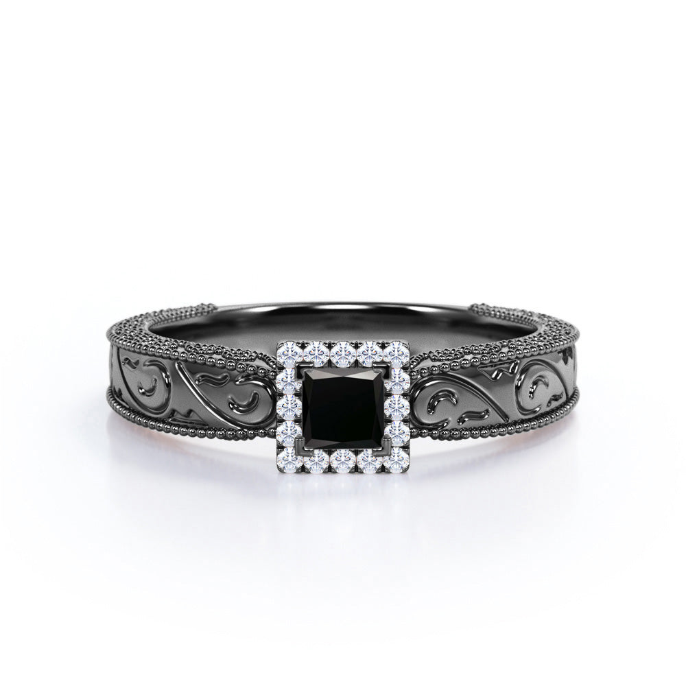 1.15 Carat Princess Cut Lab Grown Black Diamond Vintage Engagement Ring For Women In White Gold