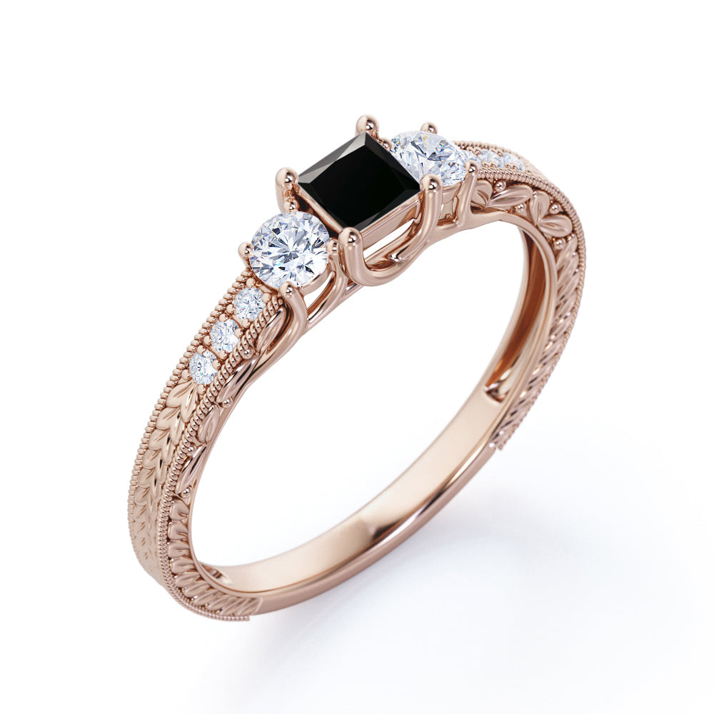 1 carat princess cut Black Diamond vintage milgrain engagement ring in white gold