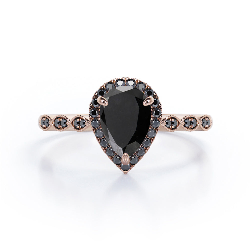 Art-Deco Filigree Milgrain 1.4 TCW Pear Cut Lab Created Black Diamond Halo Design Engagement Ring in White Gold