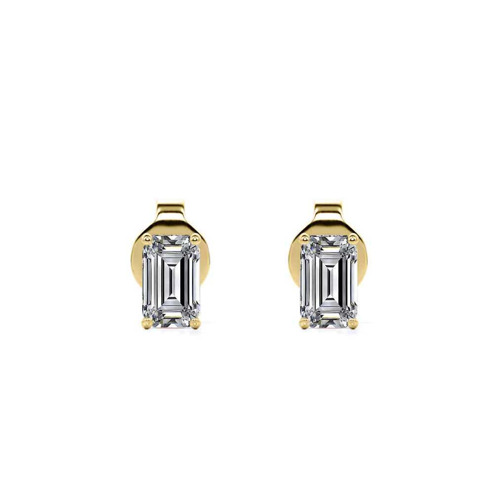 Minimalist 0.5 Carat Emerald Cut Moissanite Solitaire Stud Earrings In 18K Yellow Gold Plating Over Silver