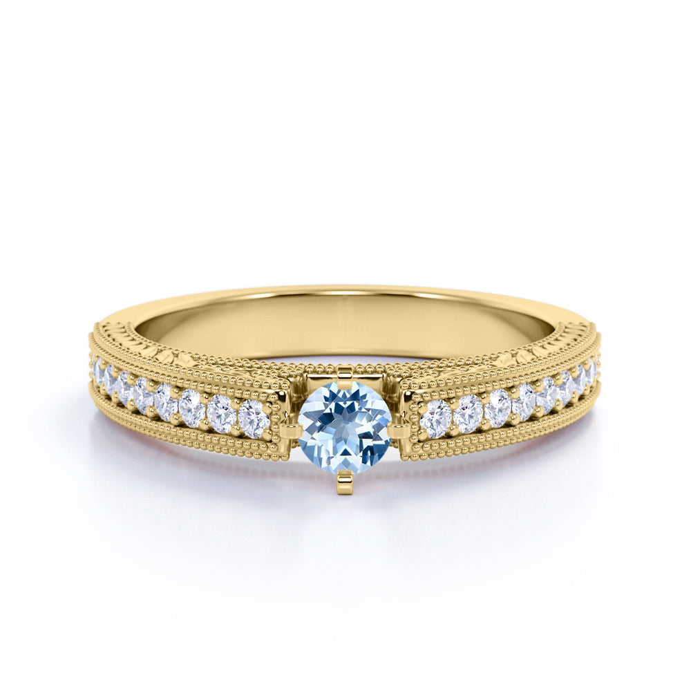 1 carat Round Sky Blue Created Aquamarine Modern Anniversary Ring in 18k Yellow Gold over Silver