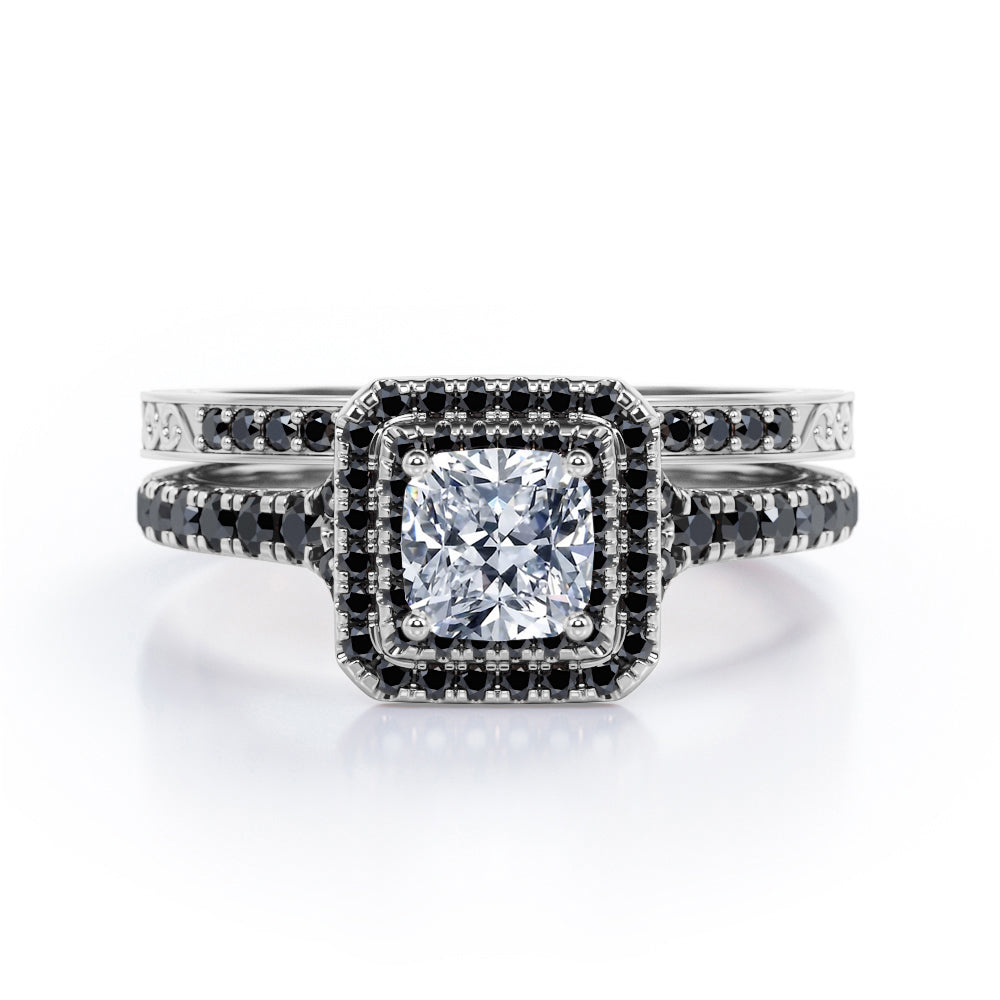 Art-Deco Pave Accented 0.65 TCW Princess Cut Diamond with Lab Created Black Diamond Double Halo Bridal Ring Set in 10K White Gold