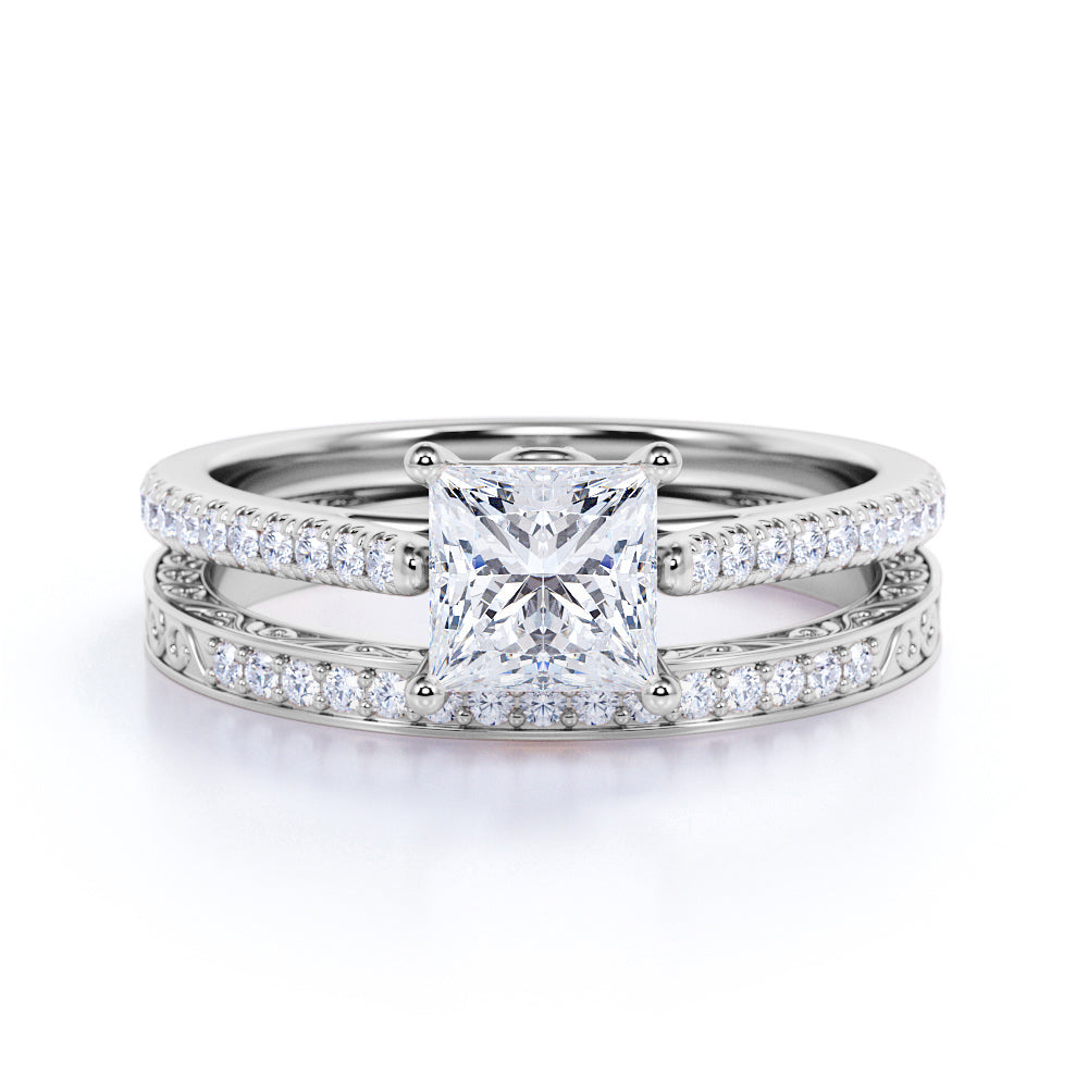 1.25 ct - Princess Cut Diamond - Pave Band - Simple Antique Engagement Ring Set - 10K White Gold