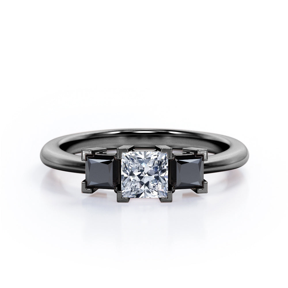 Minimalist Square V-Prong - 1.2 TCW Princess Cut Moissanite with Lab Created Black Diamond - Three-Stone Engagement Ring in Rose Gold