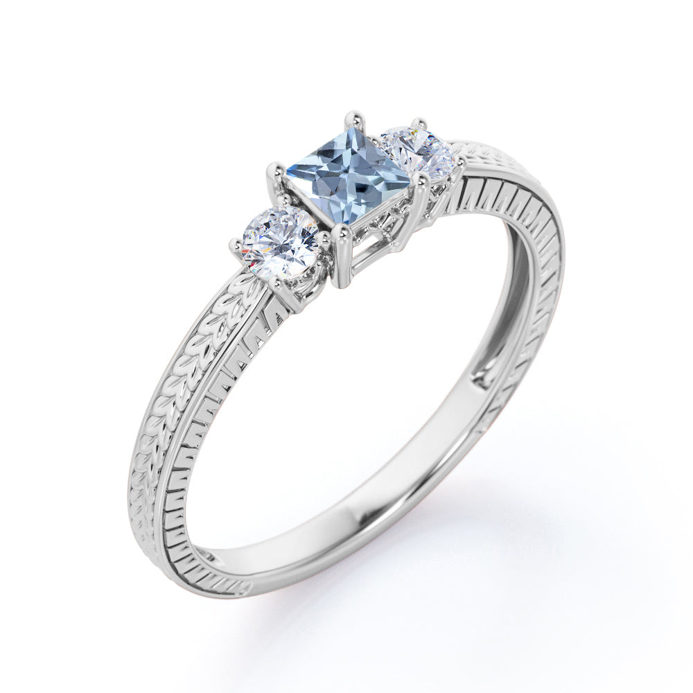 1 Carat Princess Cut Aquamarine And Diamond Vintage Engagement Ring In White Gold