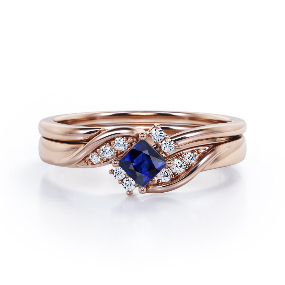 Petite Pave-Channel - 0.55 TCW Rhombus Princess Cut Blue Sapphire and Moissanite - Prong Tensioned Wedding Ring Set -  Rose Gold