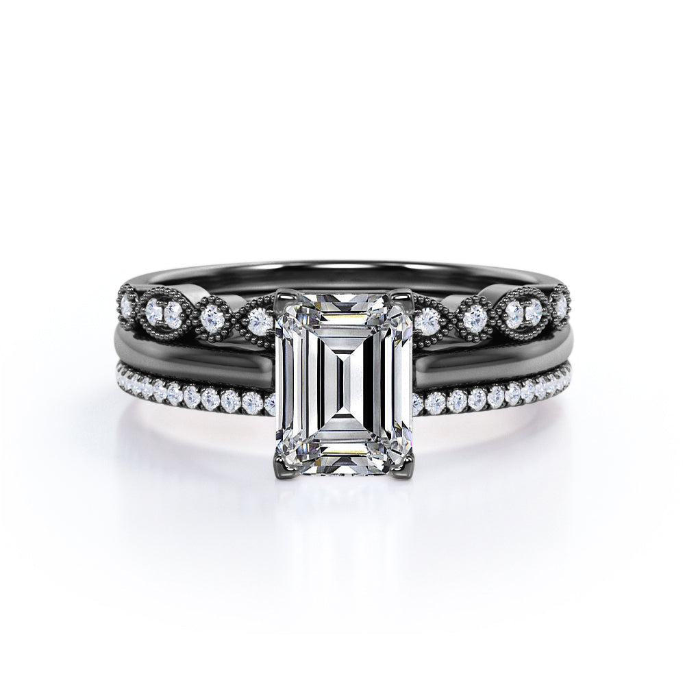 Art Deco Filigree Milgrain - 2 Carat Cubic Zirconia Emerald Cut - 4 Prong Pave Setting - Solitaire Engagement Ring - Trio Wedding Set - 18K White Gold Plating over Silver