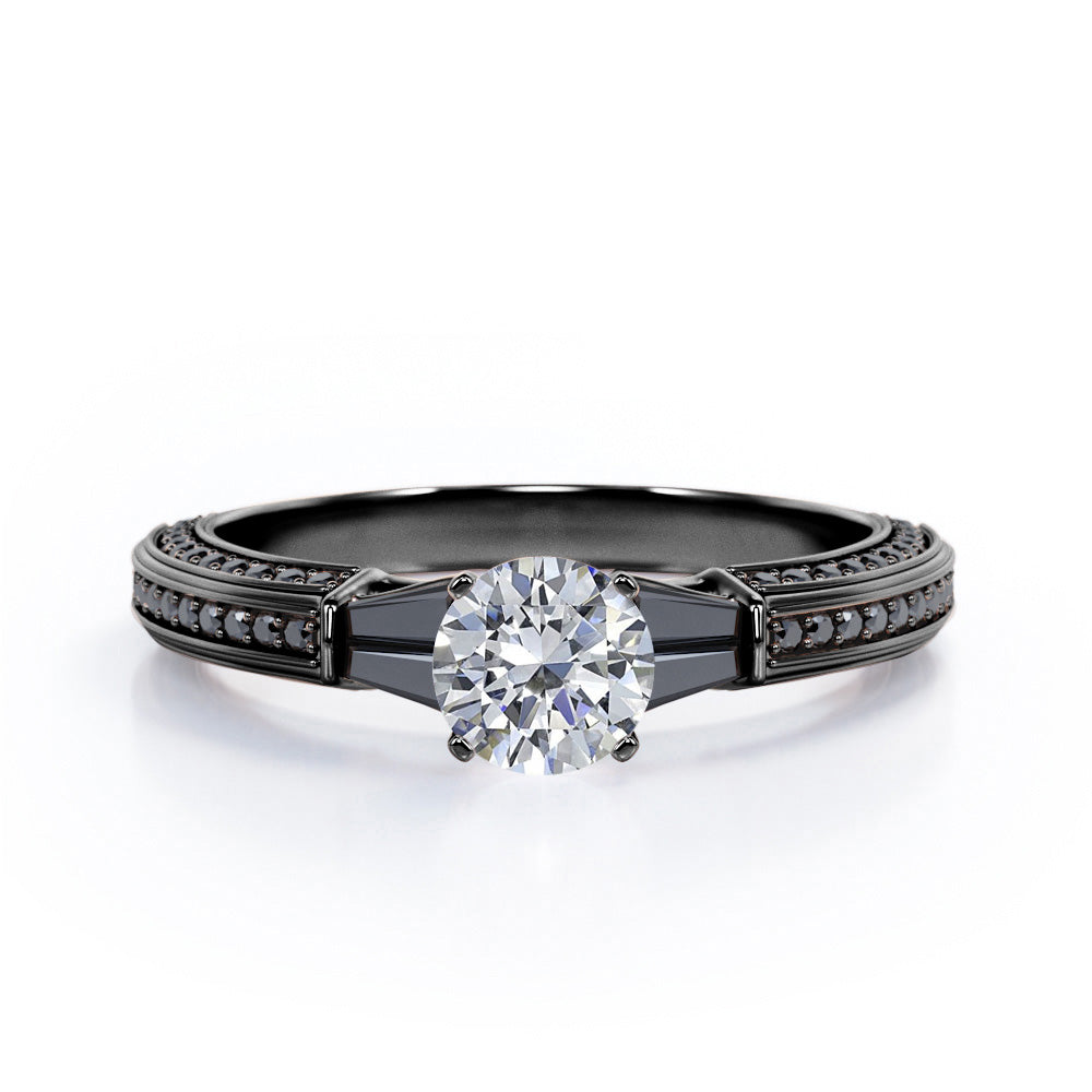 Triple Pave Channel - 0.6 TCW Round Shaped Diamond with Lab Created Black Diamond - 5 Stone Engagement Ring - 10K White Gold