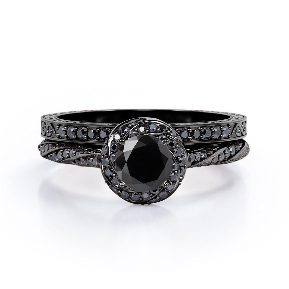 Art Deco Twisted Halo 1.55 TCW Round Shape Lab Created Black Diamond Twirl Pave Bridal Ring Set in White Gold