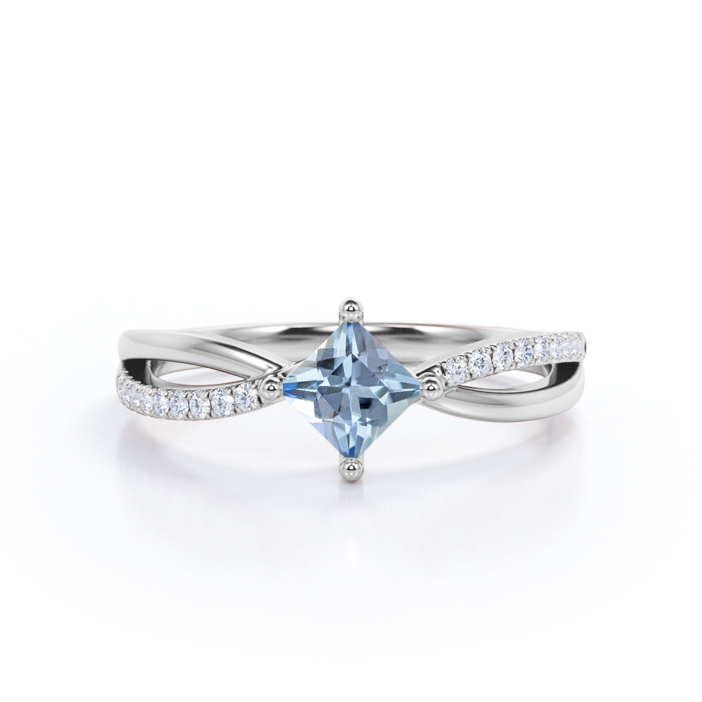 1.10 Carat Princess Cut Aquamarine And Diamond Infinity Engagement Ring In White Gold