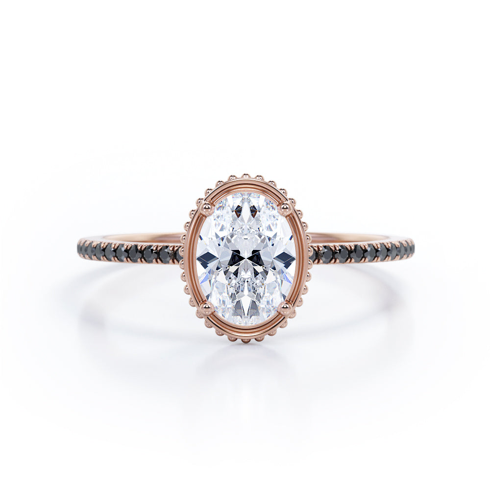 Milgrain Bezel Prong 1.5 TCW Oval Cut Moissanite with Lab Created Black Diamond Pave Style Engagement Ring in Rose Gold