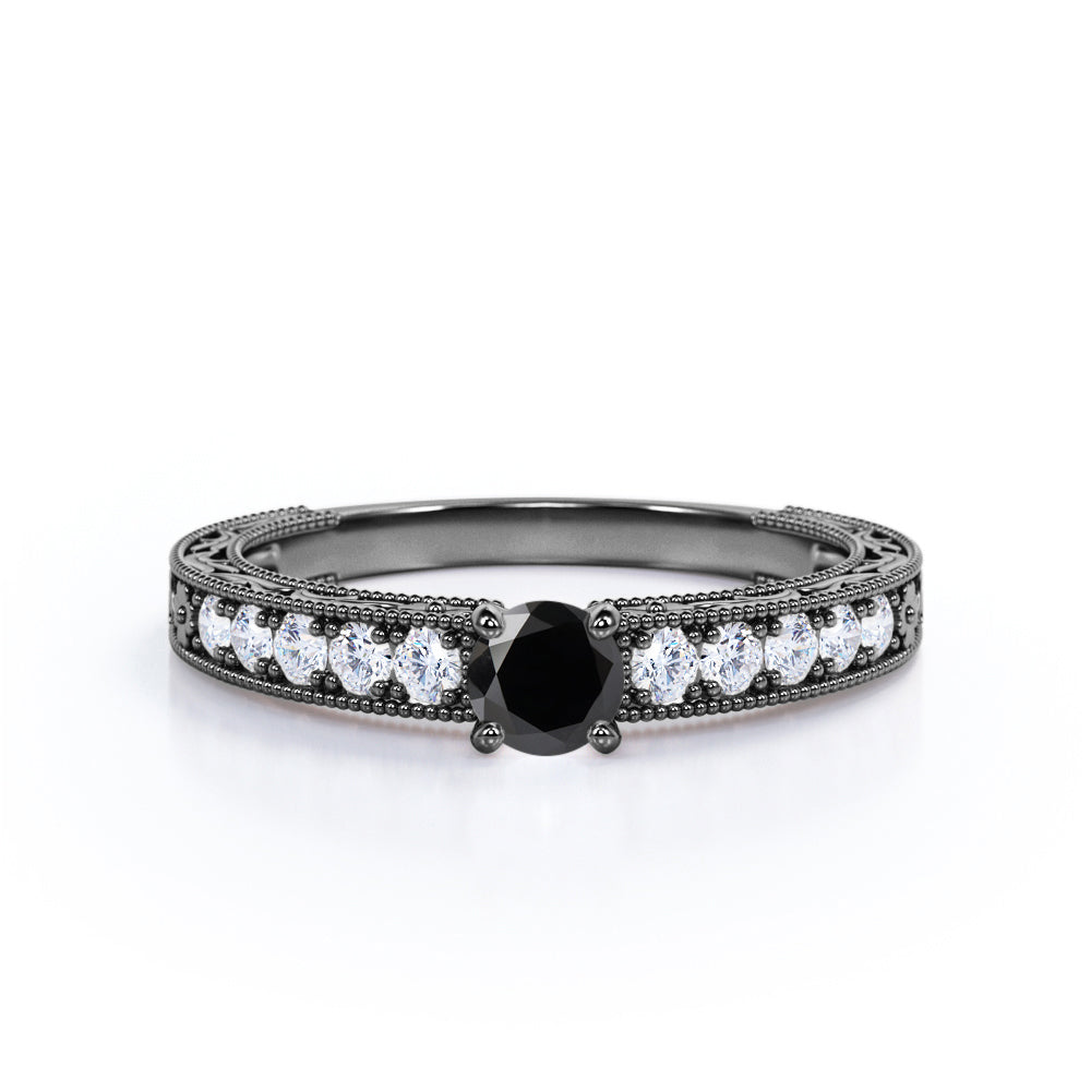 0.6 Carat Round Cut Lab Grown Black Diamond Antique Engagement Ring In White Gold