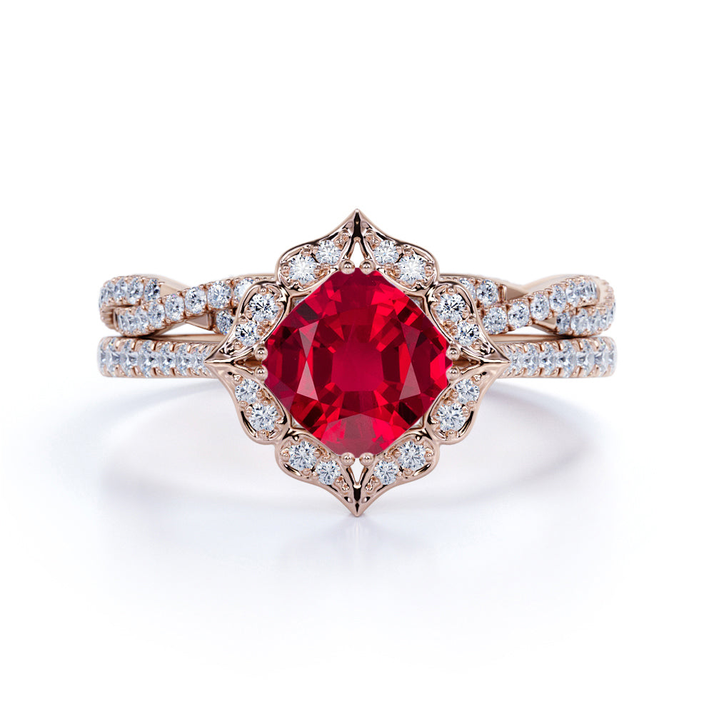 Sparkling Pave Halo 1.50 Carat Cushion Cut Lab-Created Ruby and Diamond Bridal Set with Infinity Band in White Gold