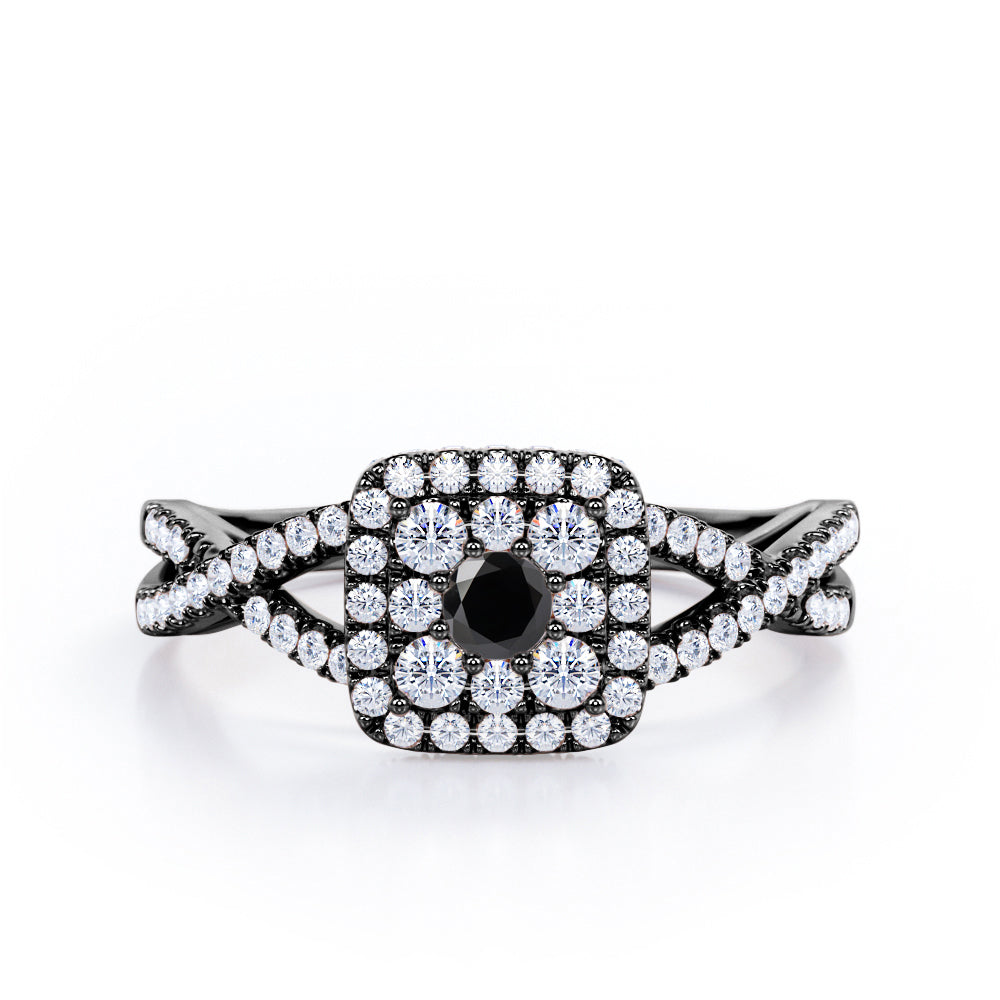 Pave Crossover - 1.25 Carat Round Cut Black Diamond - Flush Cluster Halo Engagement Ring in White Gold