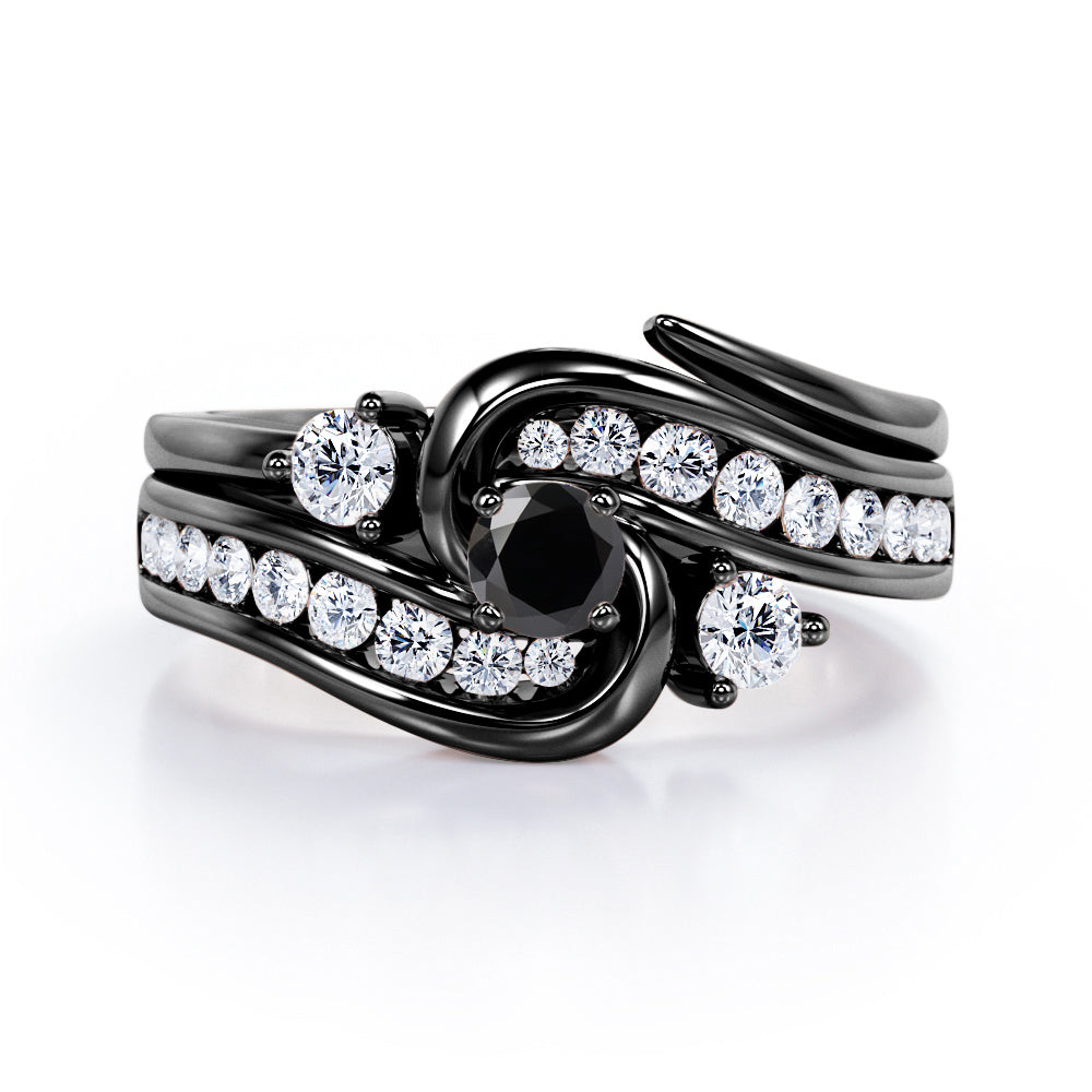 Twisted Tension - Prong 1 TCW Round Brilliant Cut Black Diamond - Flush Channel Wedding Set in White Gold