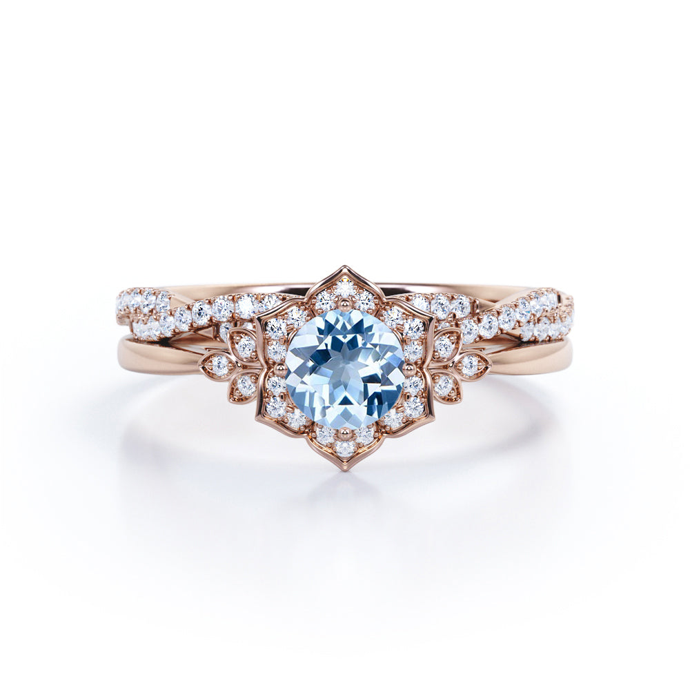 1.45 Carat Round Cut Aquamarine And Diamond Floral Inspired Wedding Ring Set In White Gold