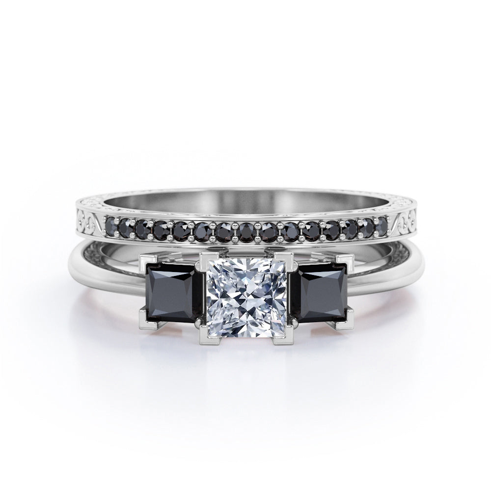 Triple Stone Square V-Prong 1.45 TCW Princess Cut Moissanite with Lab Created Black Diamond Filigree Wedding Set in Rose Gold