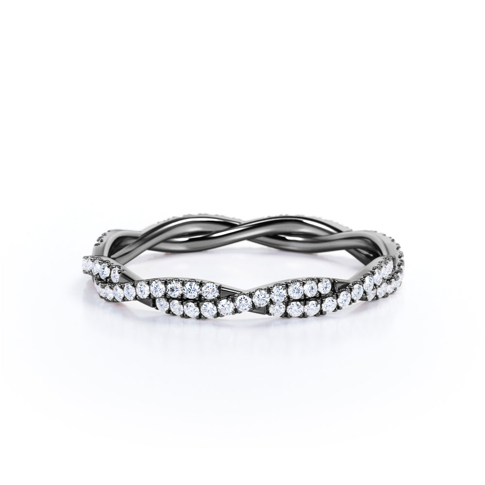 Pave Design - 0.5 Carat Cubic Zirconia Round Shape - Twisted Eternity Wedding Band - 18K White Gold Plating over Silver