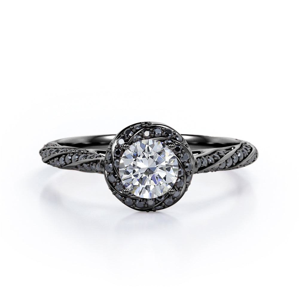 Twirl Halo - 0.6 TCW Round Shaped Diamond with Lab Created Black Diamond - Twisted Pave Engagement Ring - 10K White Gold