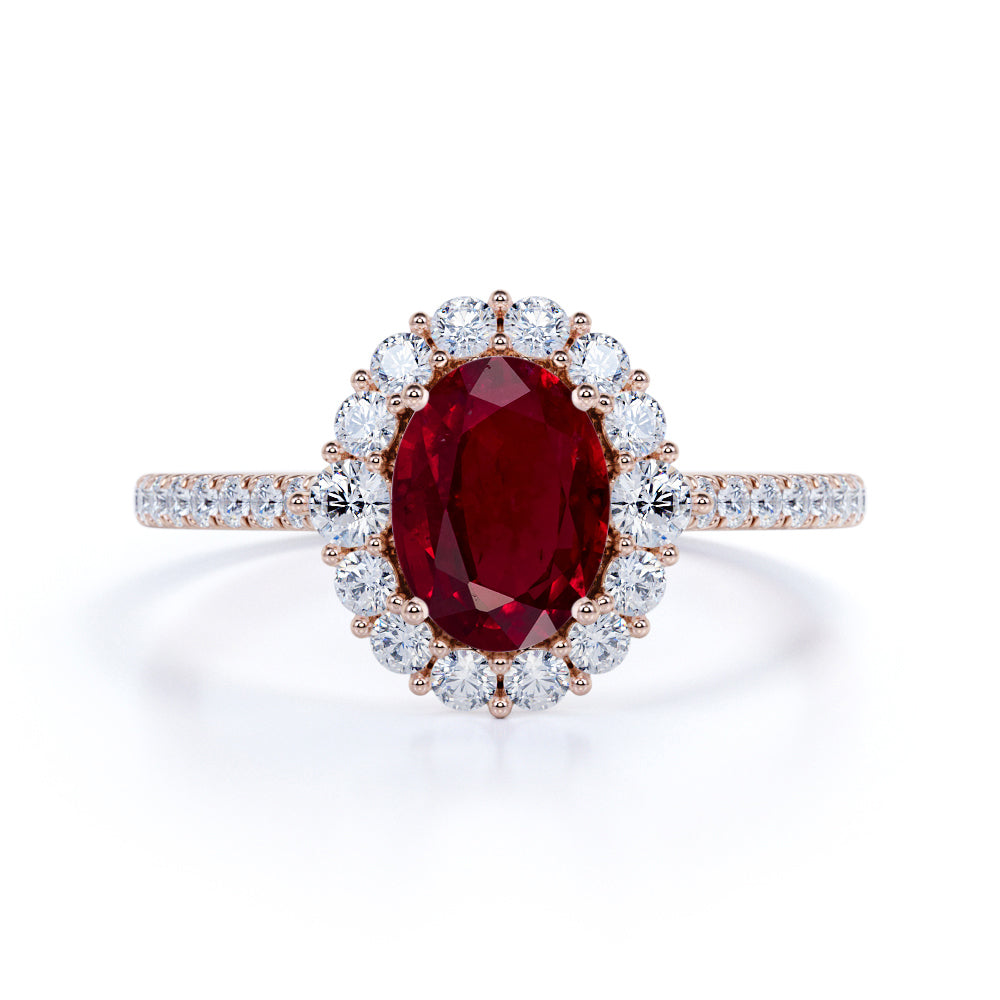 Sparkling Pave 1.5 Carat Oval Cut Lab-Created Ruby and Diamond Engagement Ring in White Gold